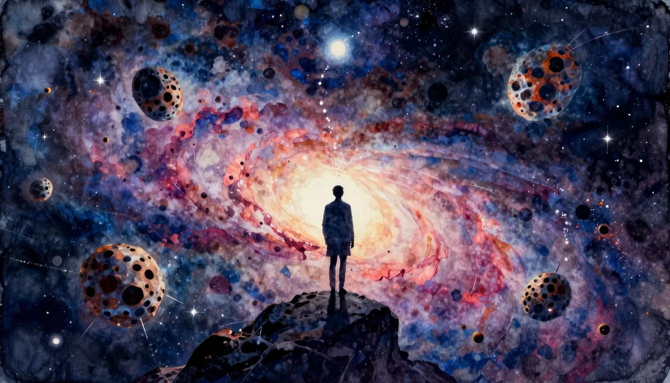 Vibrant watercolor style. Rock album cover, cosmic journey, ...