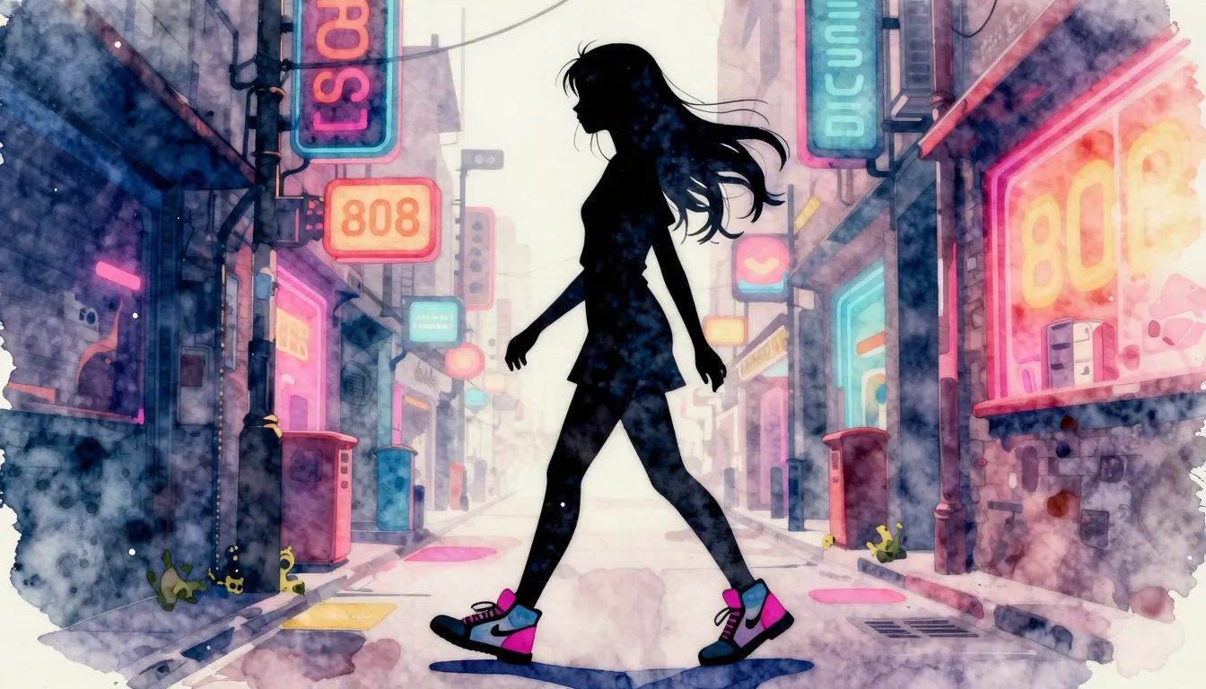 Watercolor style. Silhouette of a girl with long flowing hai...