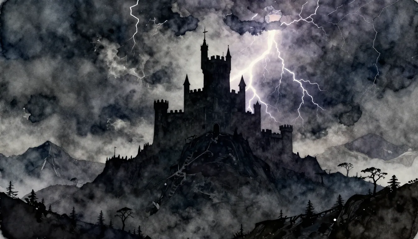 Watercolor style. Dark fantasy landscape, silhouette of a ja...