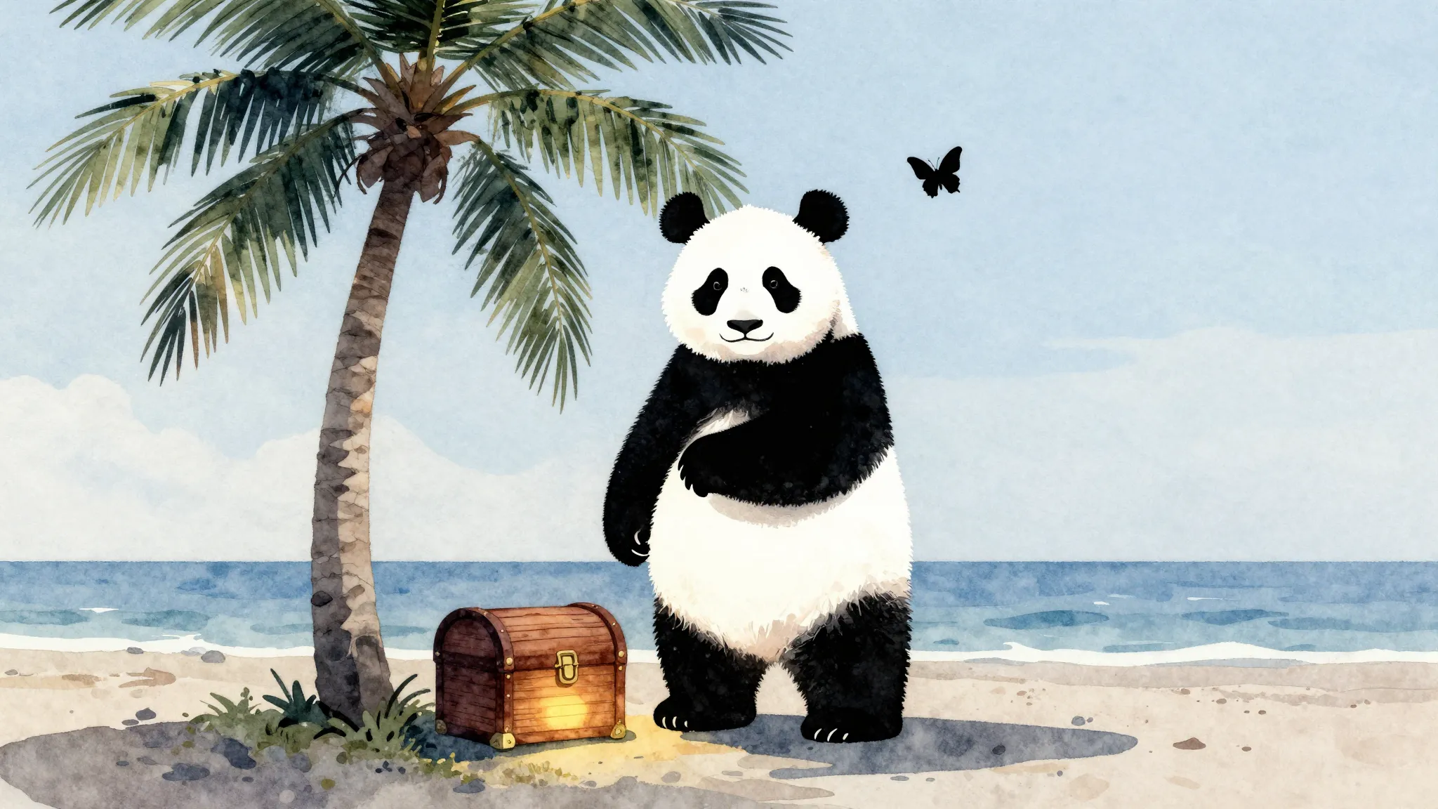 Watercolor style. Silhouette of a panda standing under a tal...