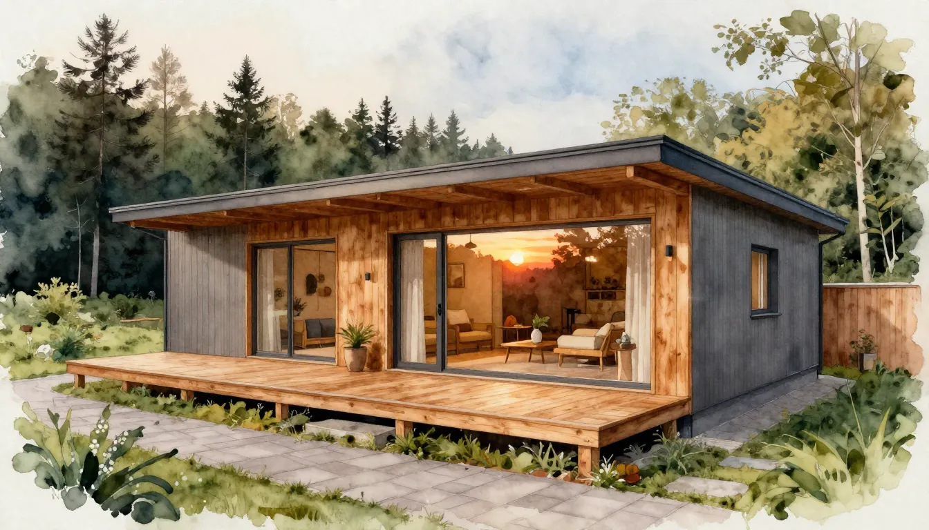 Watercolor style. Modern one-story cozy guest house with a w...