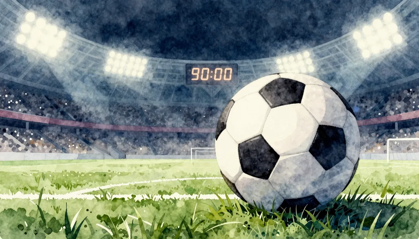 Watercolor style. Silhouette of a soccer ball on a grass fie...