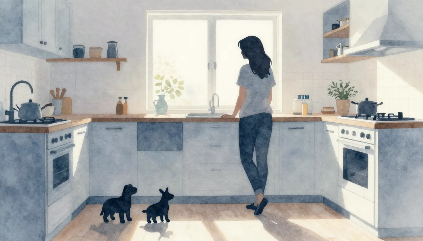 Watercolor style. A silhouette of a woman standing by a wind...