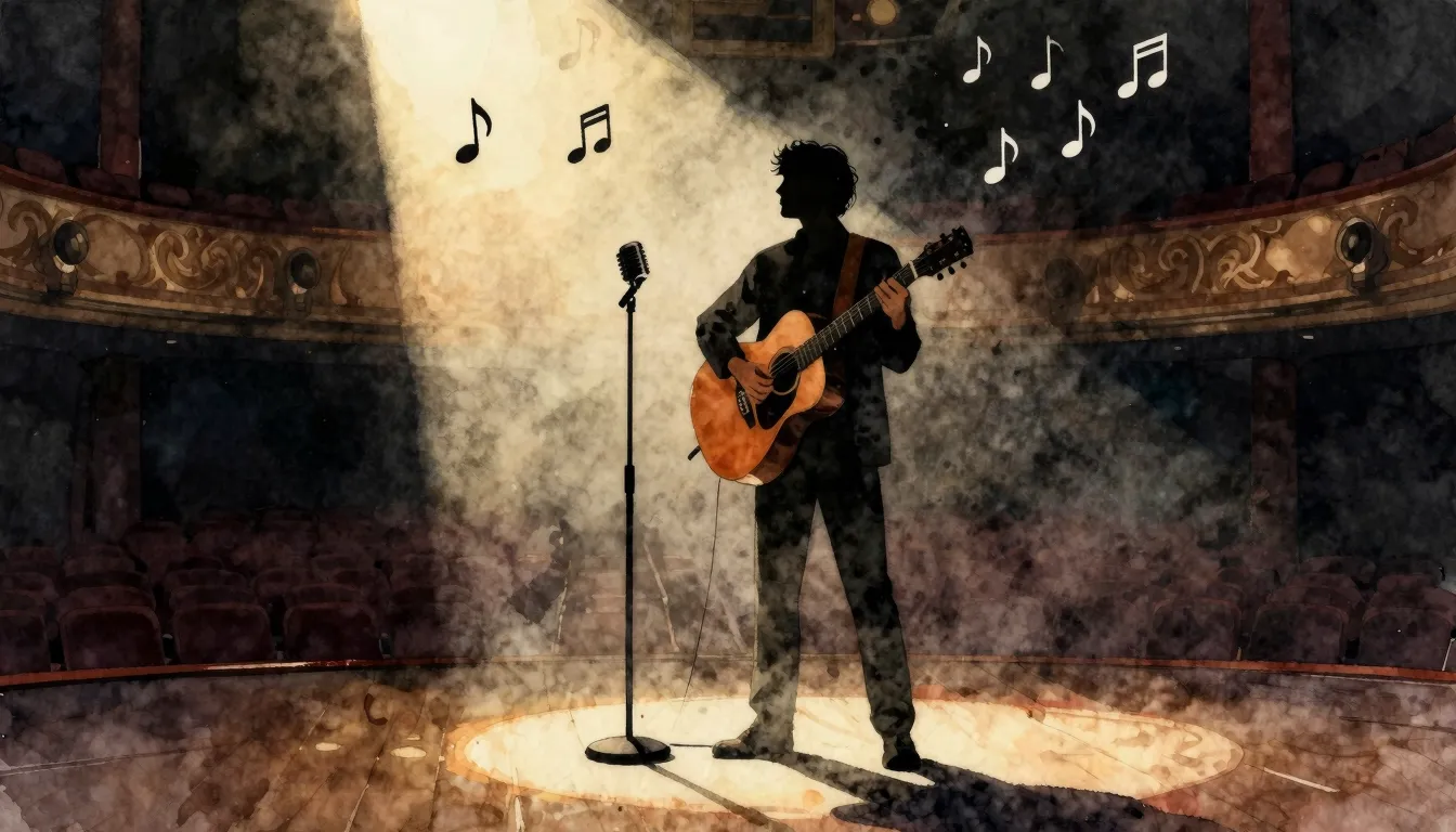 Watercolor style. A dark silhouette of a man with an acousti...