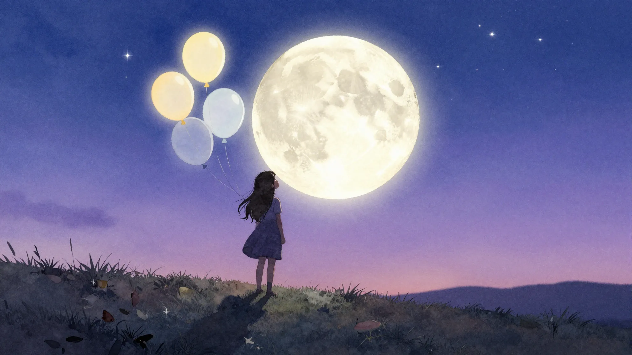 Watercolor style. A silhouette of a young girl with long hai...