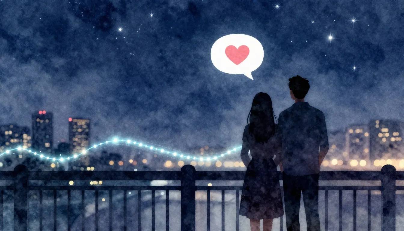 Watercolor style. A silhouette of a couple standing on a bri...