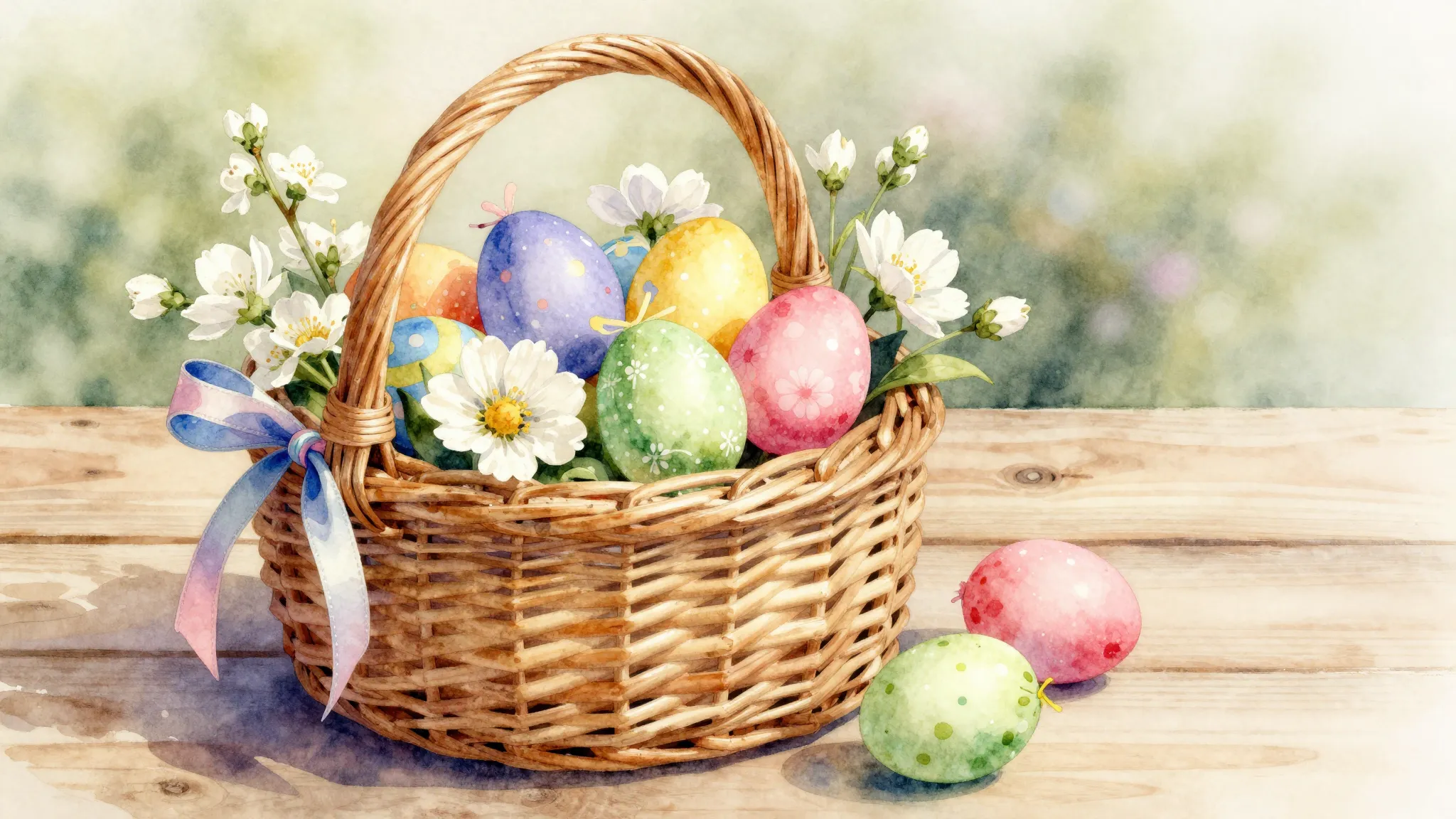 Watercolor style. A cozy wicker basket decorated with bright...