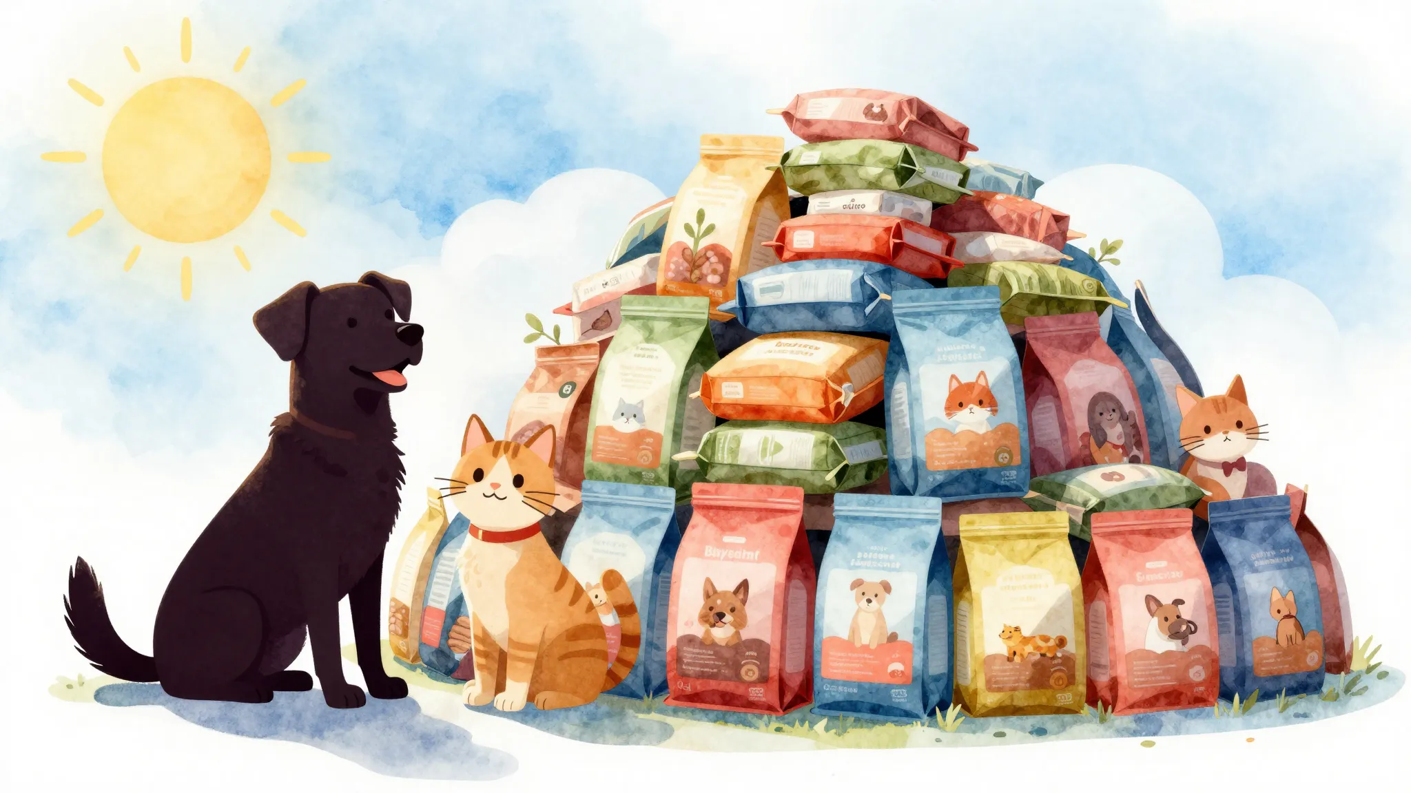 Watercolor style. A happy silhouette of a dog and a cat sitt...