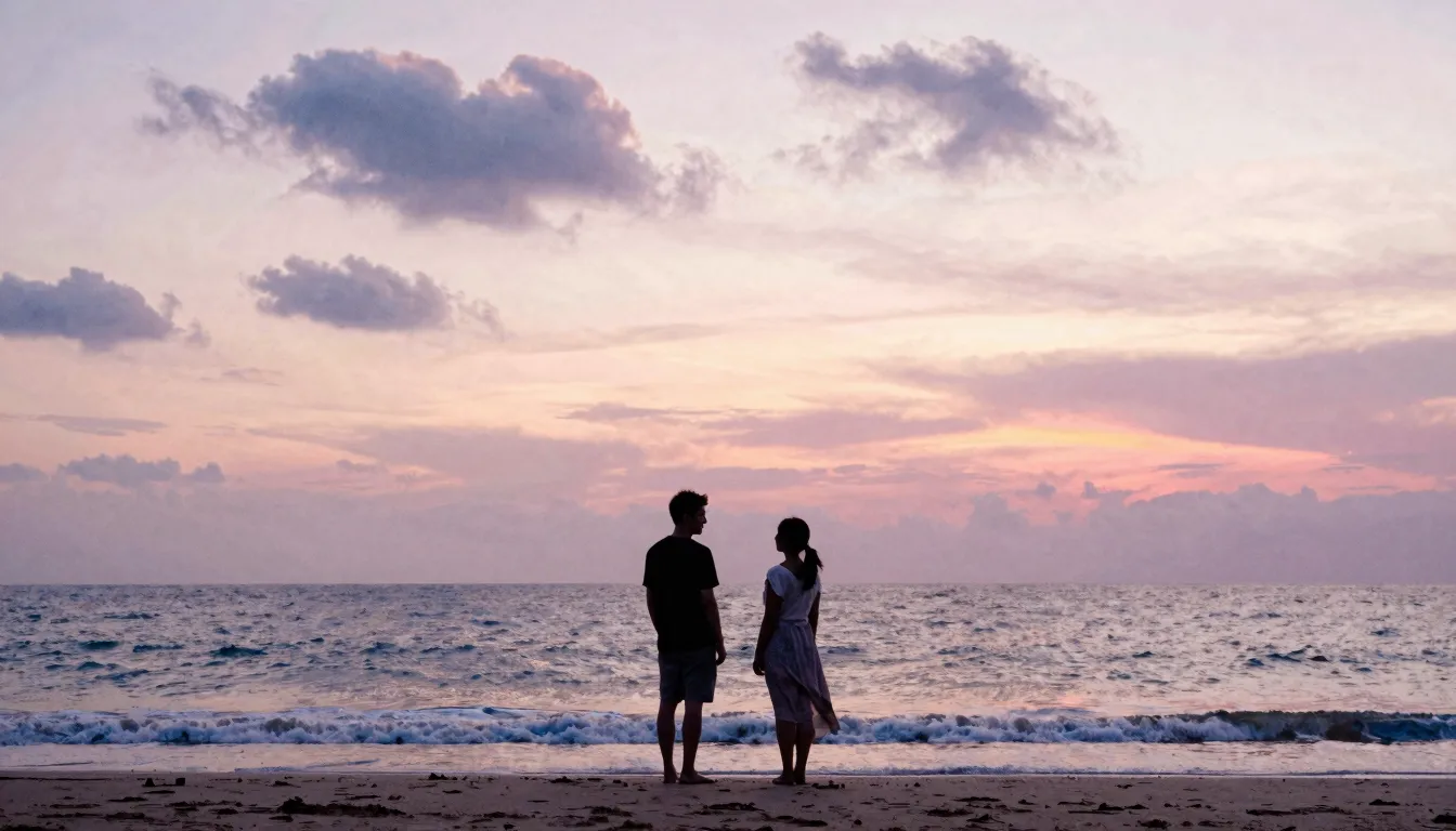 Watercolor style. Silhouette of a couple standing apart on a...