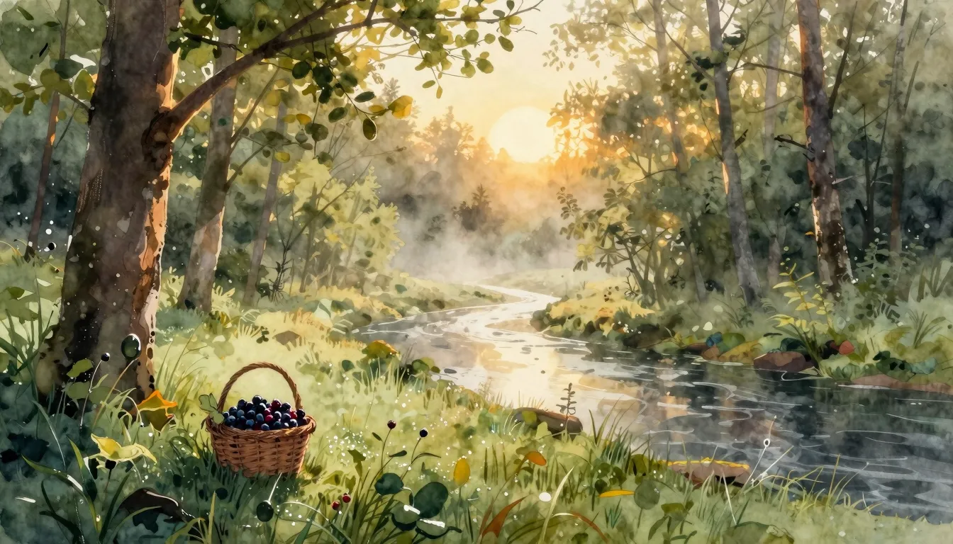 Watercolor style. A serene forest landscape in late summer. ...