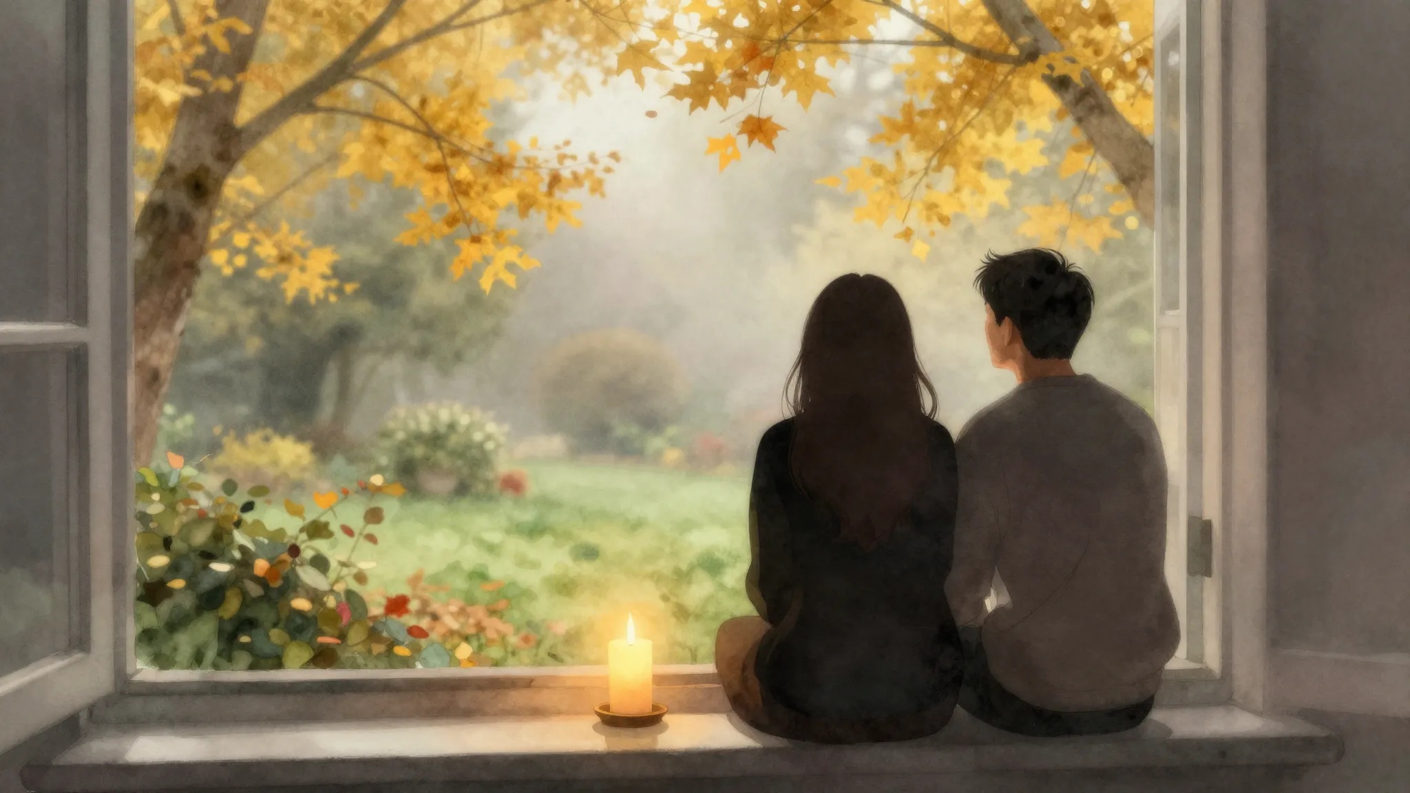 Watercolor style. A silhouette of a couple sitting by a wind...