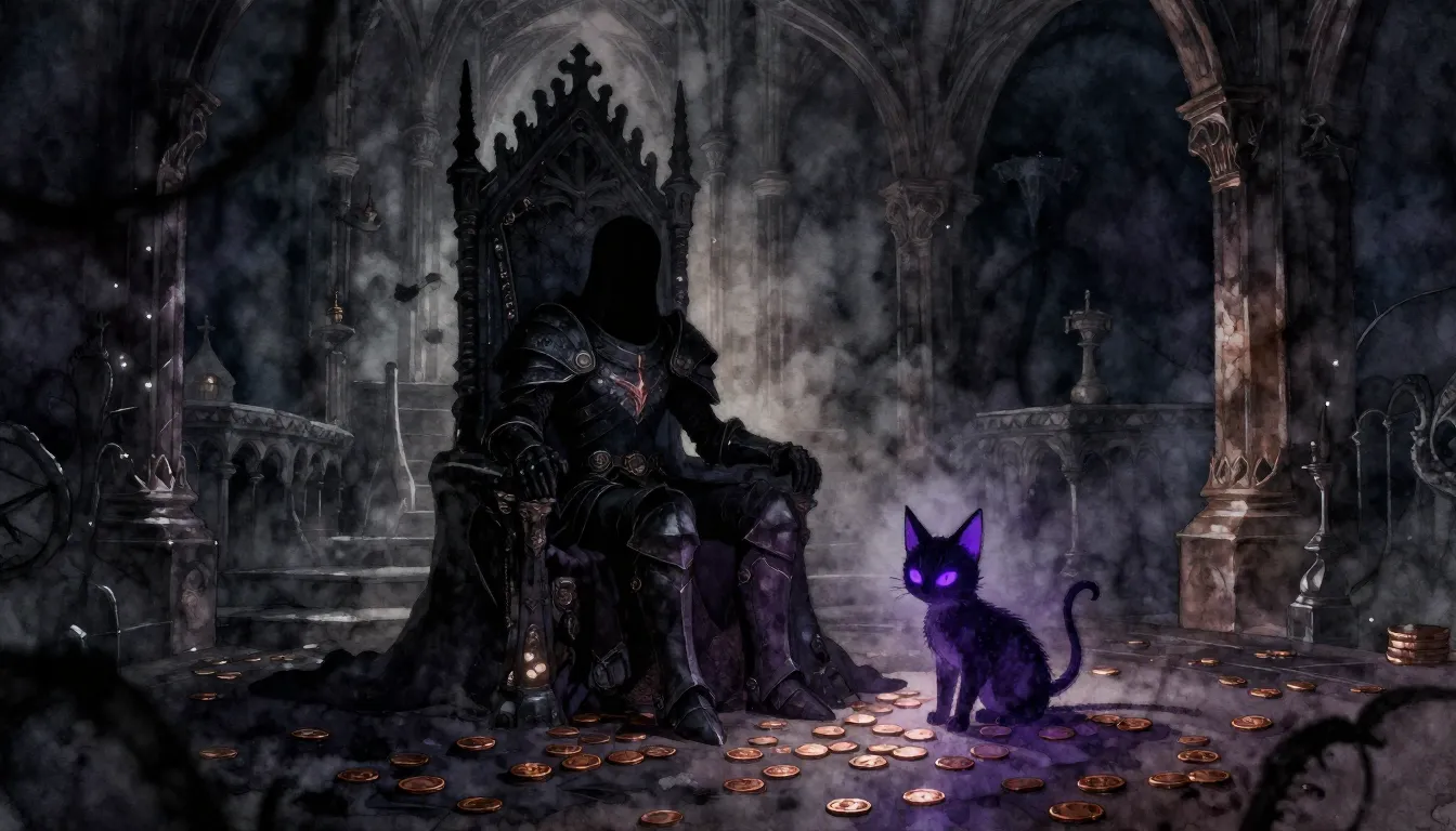 Watercolor style. A dark dungeon throne room, silhouette of ...
