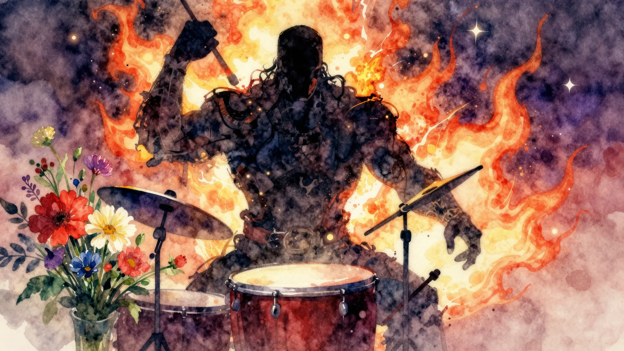 Vibrant watercolor style. Heavy metal trap album cover. Dark...
