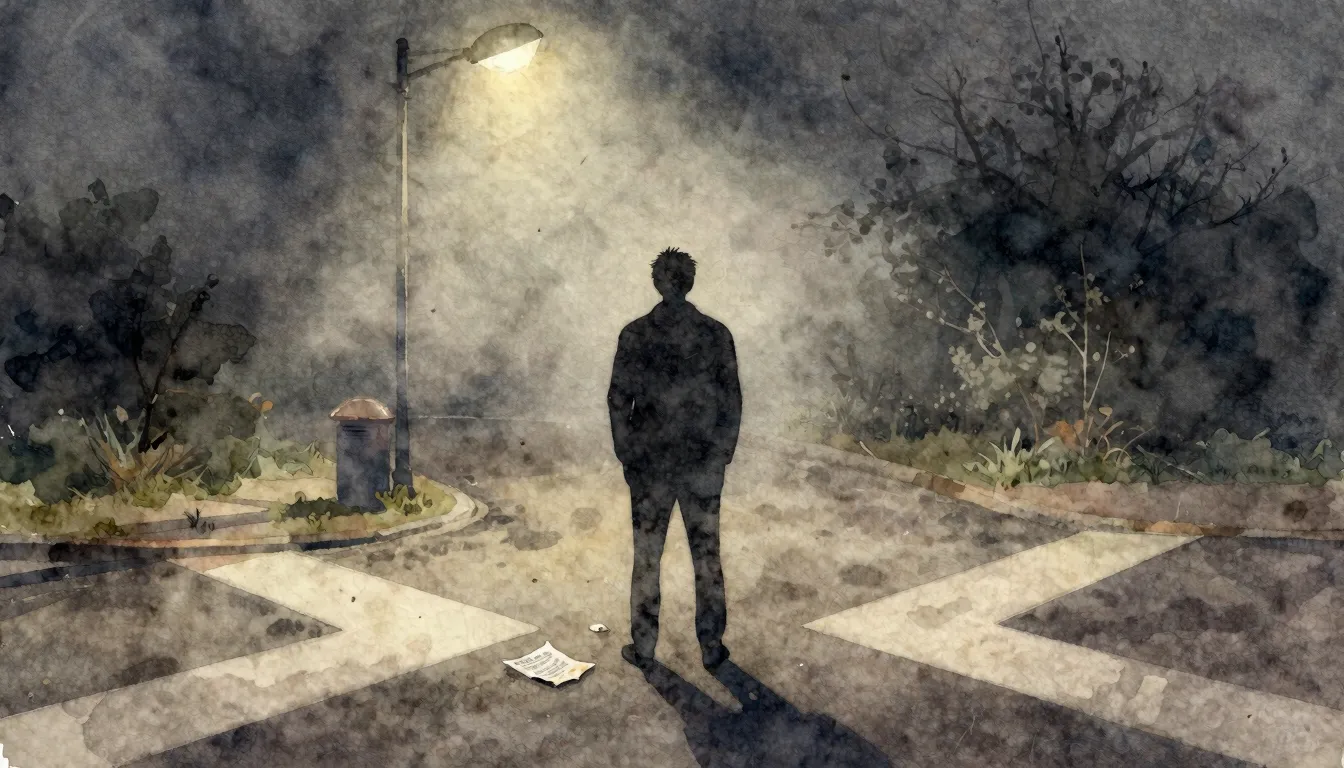 Watercolor style. A silhouette of a man stands at a crossroa...