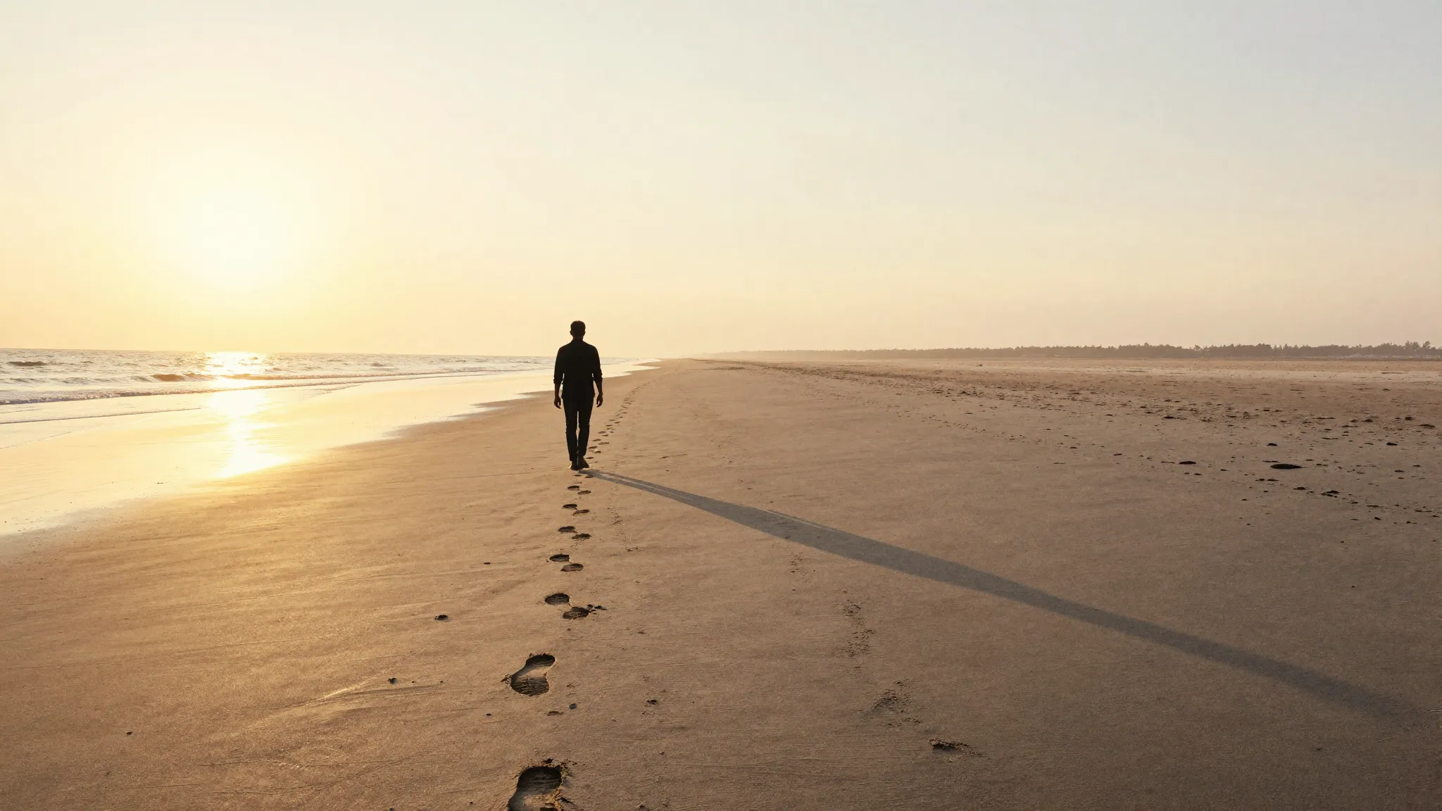Watercolor style. A lone silhouette of a person walking on a...