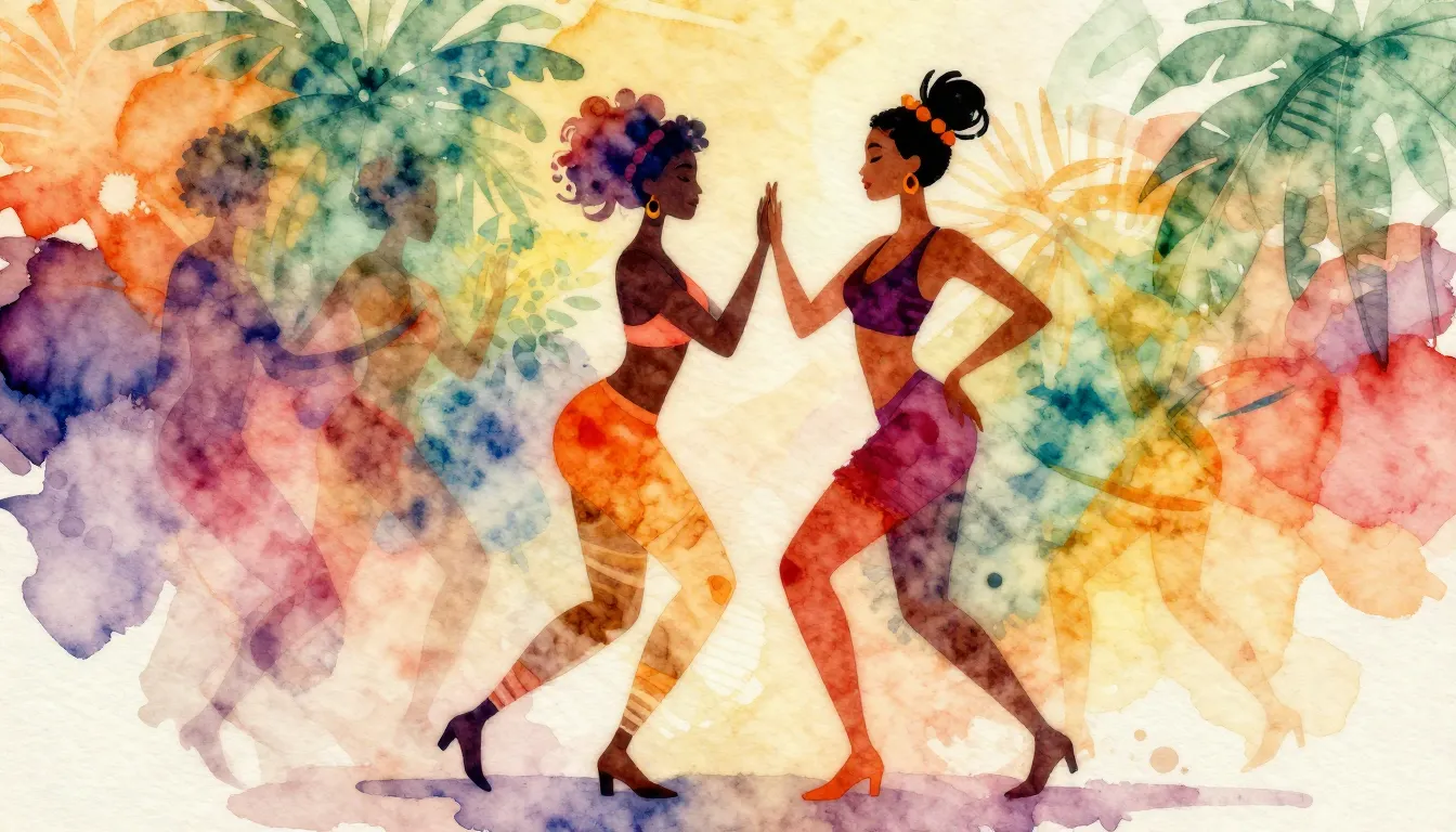 Vibrant watercolor style. Afro-Cuban dance music album cover...