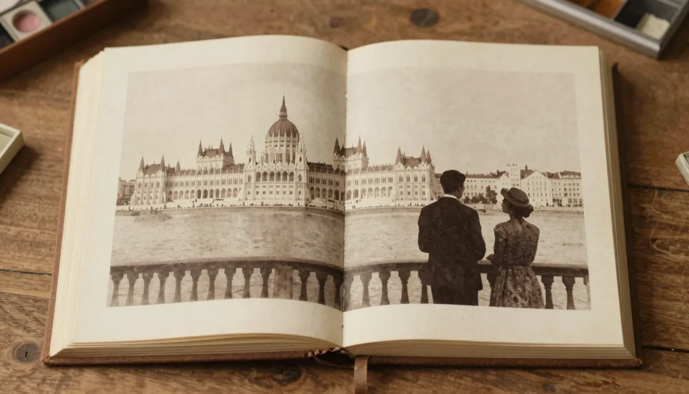 Watercolor style. A vintage photo album open on a wooden tab...