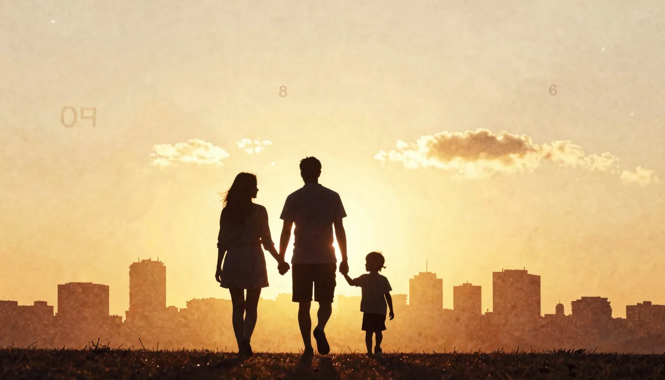 Watercolor style. Silhouette of a couple and a small child w...