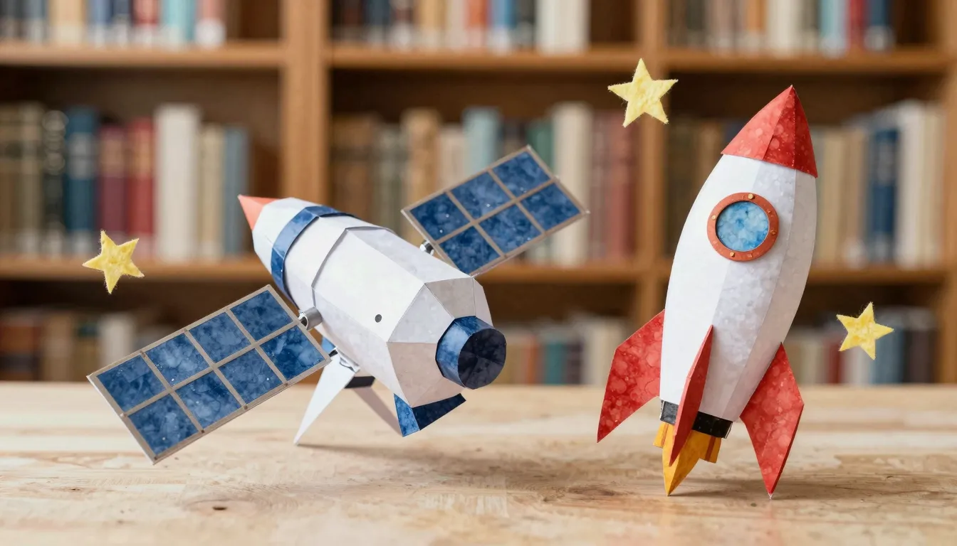 Watercolor style. A stylized paper model of a space satellit...