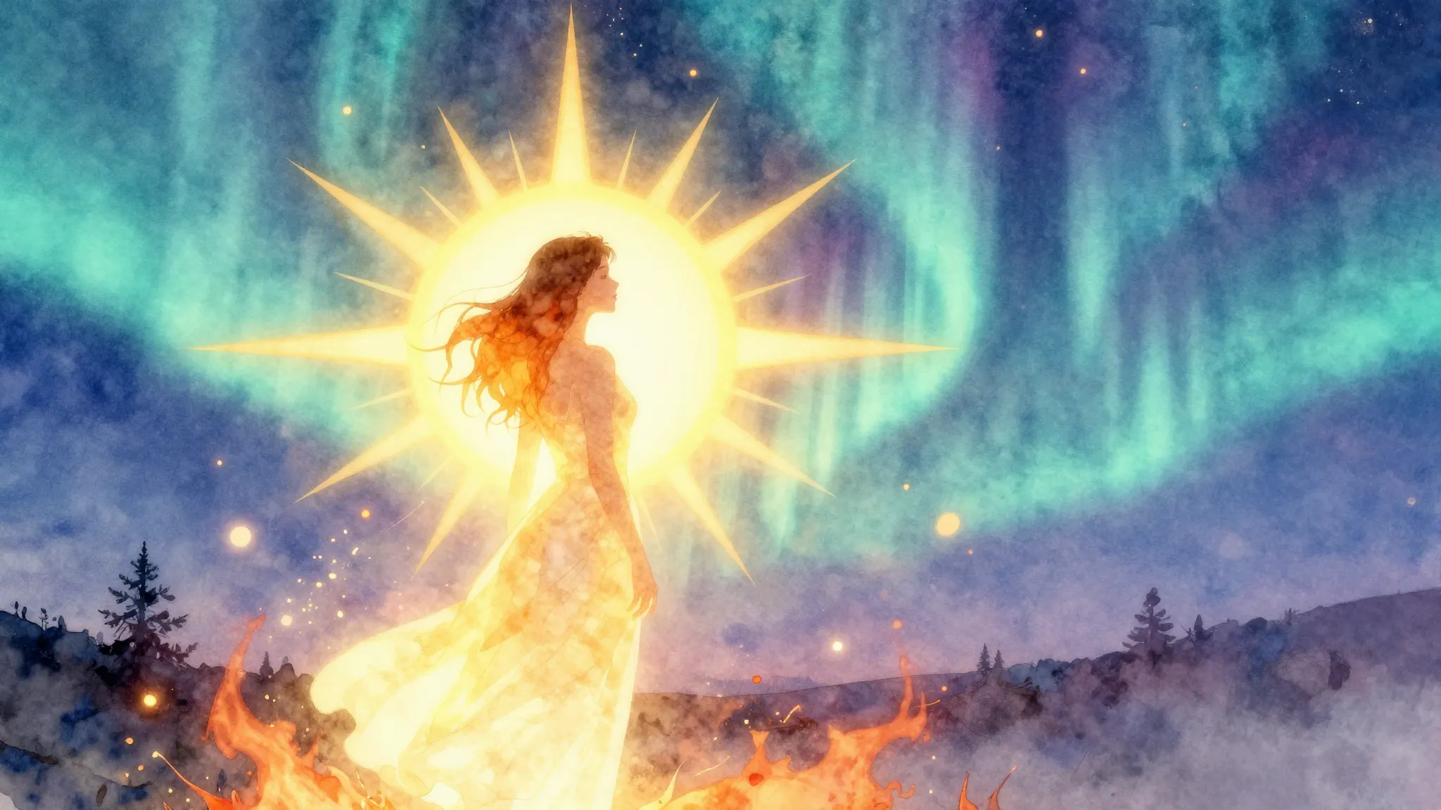 Watercolor style. A glowing silhouette of a woman surrounded...