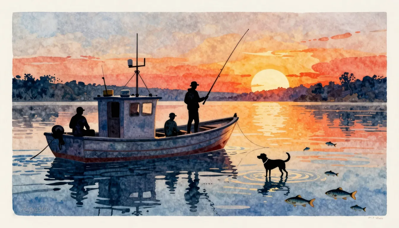 Vibrant watercolor style. A fishing boat with three silhouet...