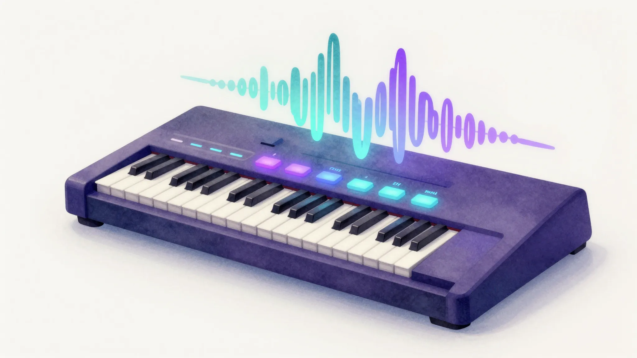 Watercolor style. A futuristic synthesizer with glowing butt...