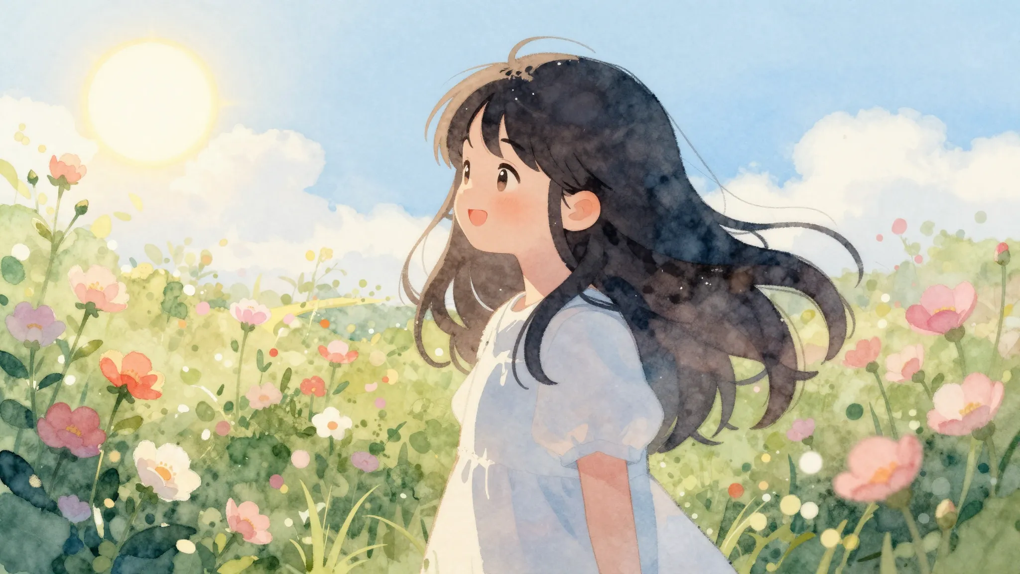 Watercolor style. A silhouette of a happy girl in a garden o...
