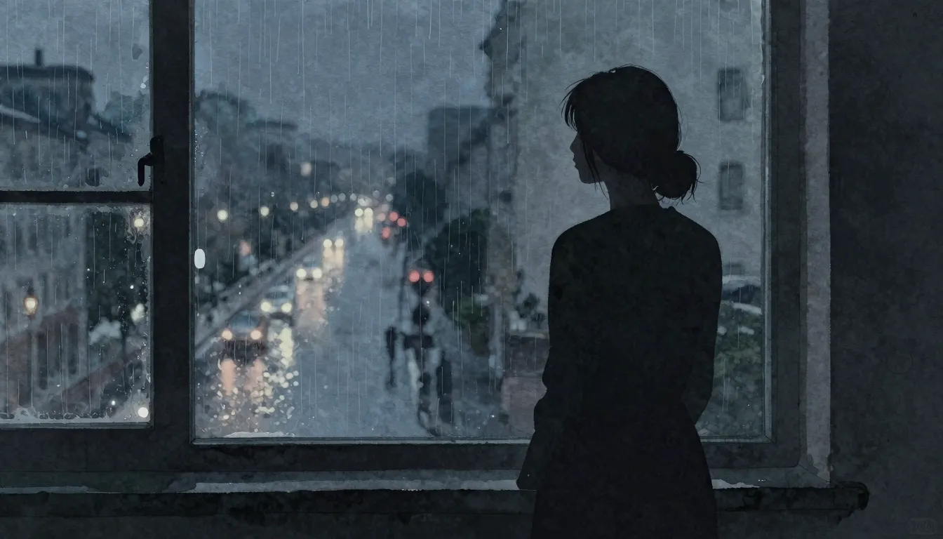 Watercolor style. A dark silhouette of a woman standing by a...