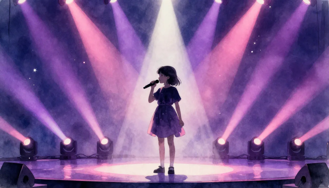 Watercolor style. A silhouette of a young girl holding a mic...