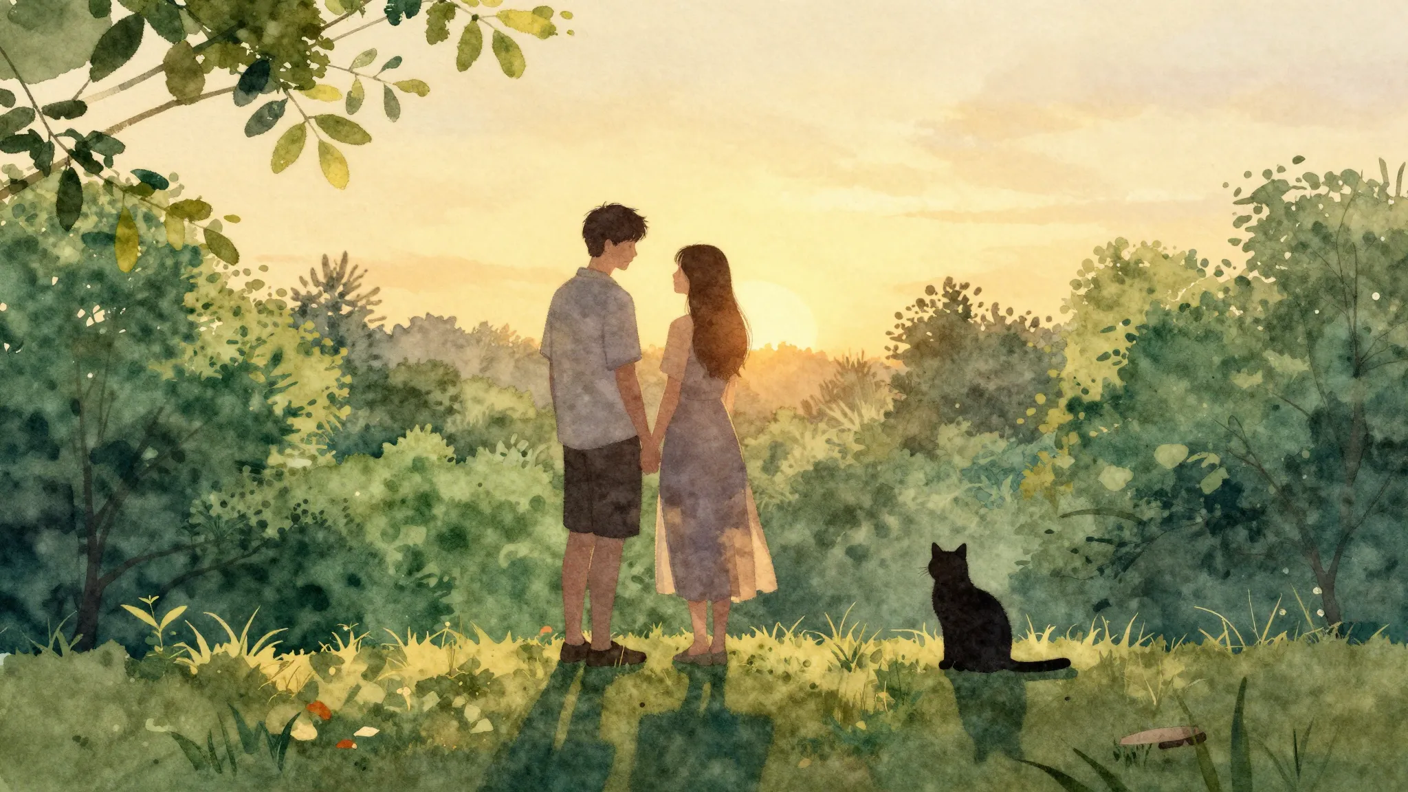 Watercolor style. A romantic silhouette of a couple standing...