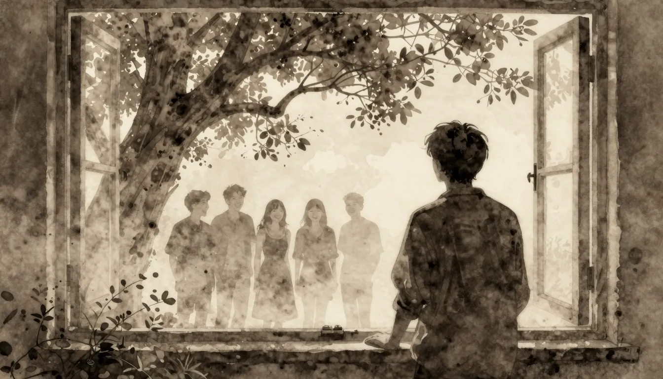 Watercolor style. A silhouette of a person looking out a dus...