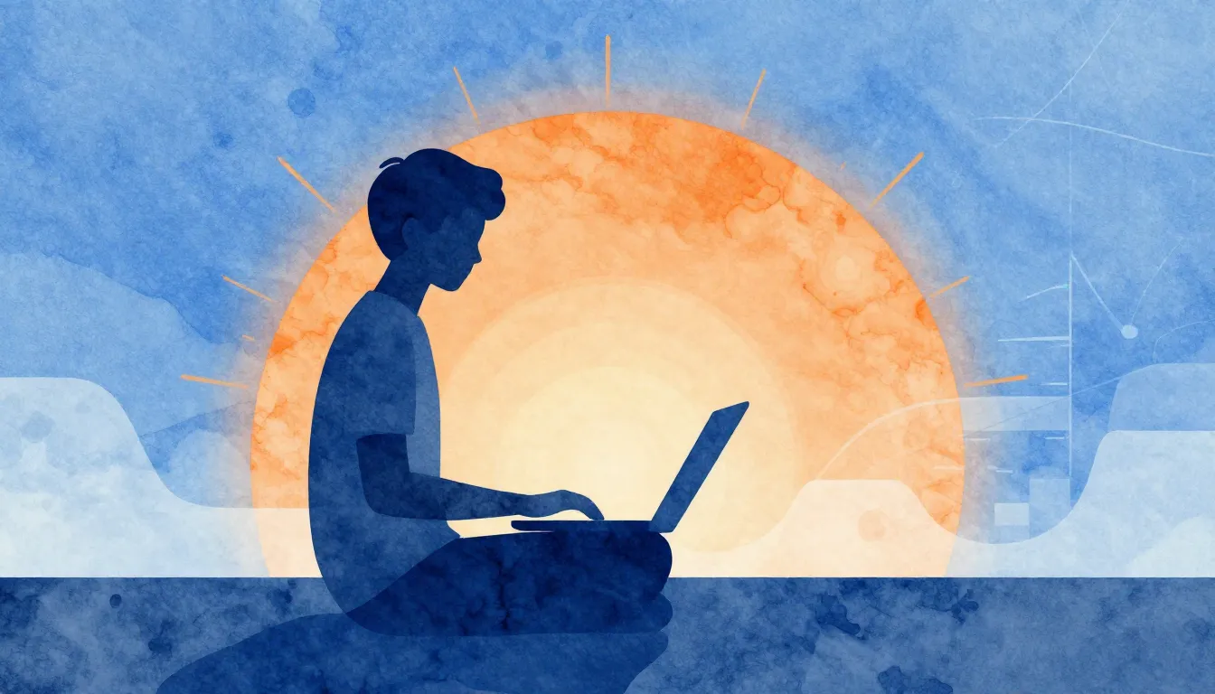 Watercolor style. A silhouette of a person sitting with a la...