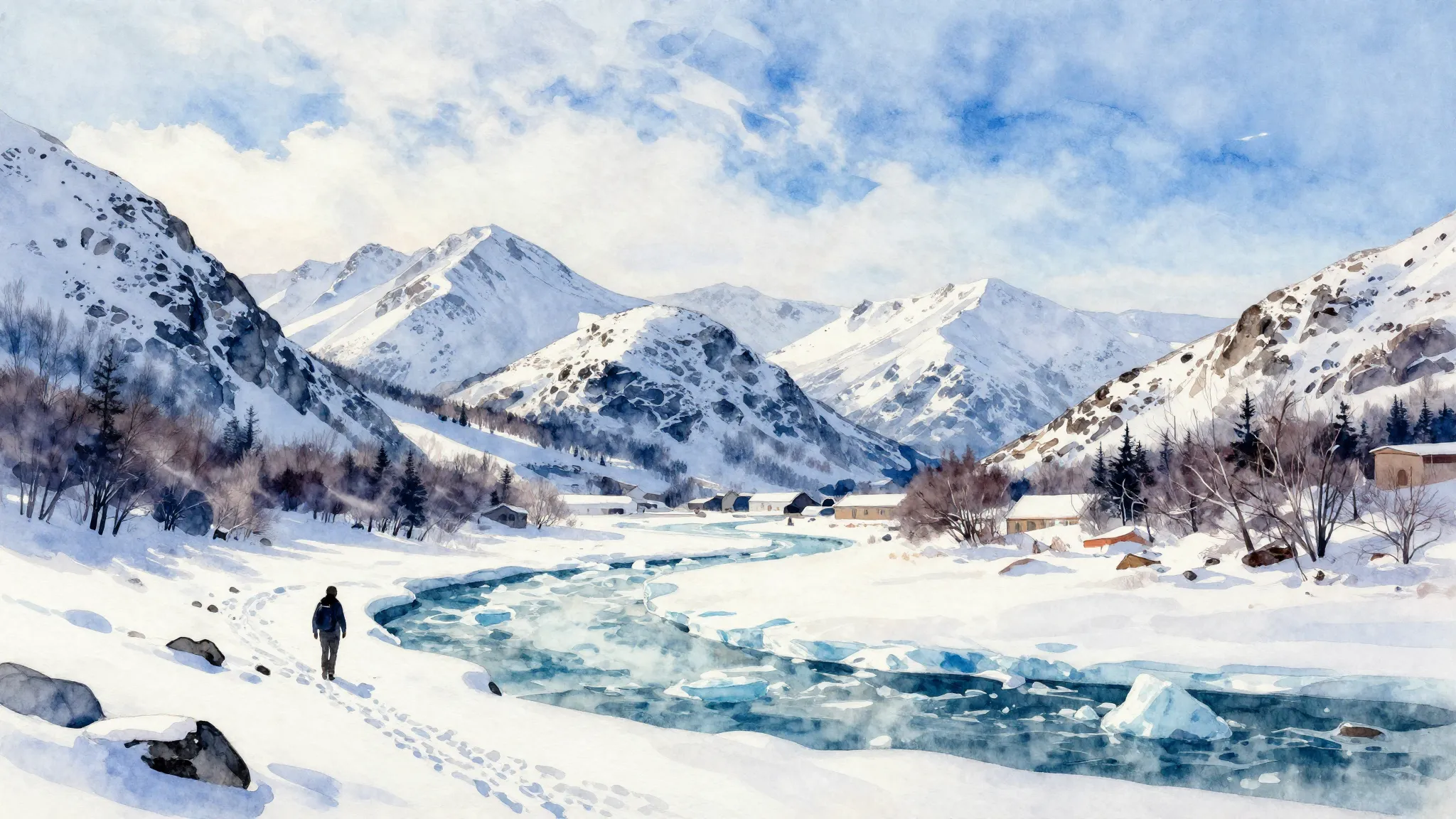 Vibrant watercolor style. Northern landscape, snow-covered m...