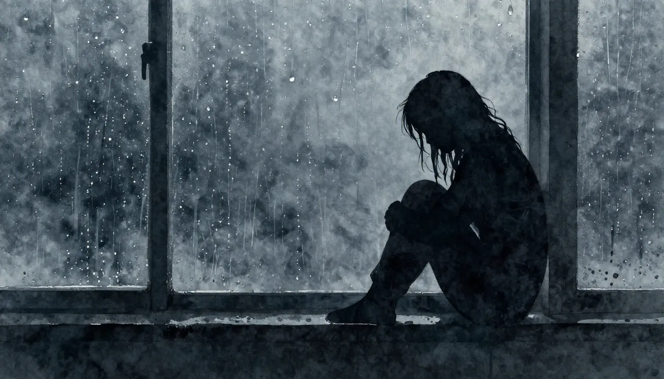 Watercolor style. A lonely silhouette sitting by a rainy win...