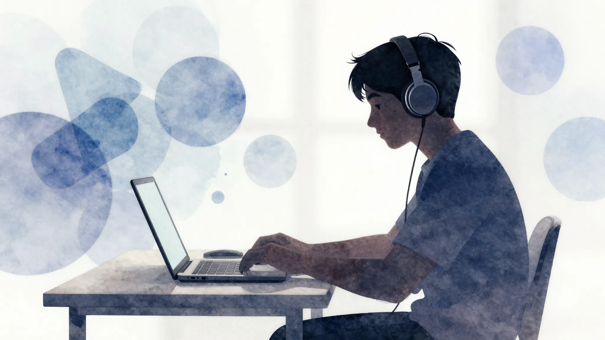 Watercolor style. A silhouette of a young person wearing hea...