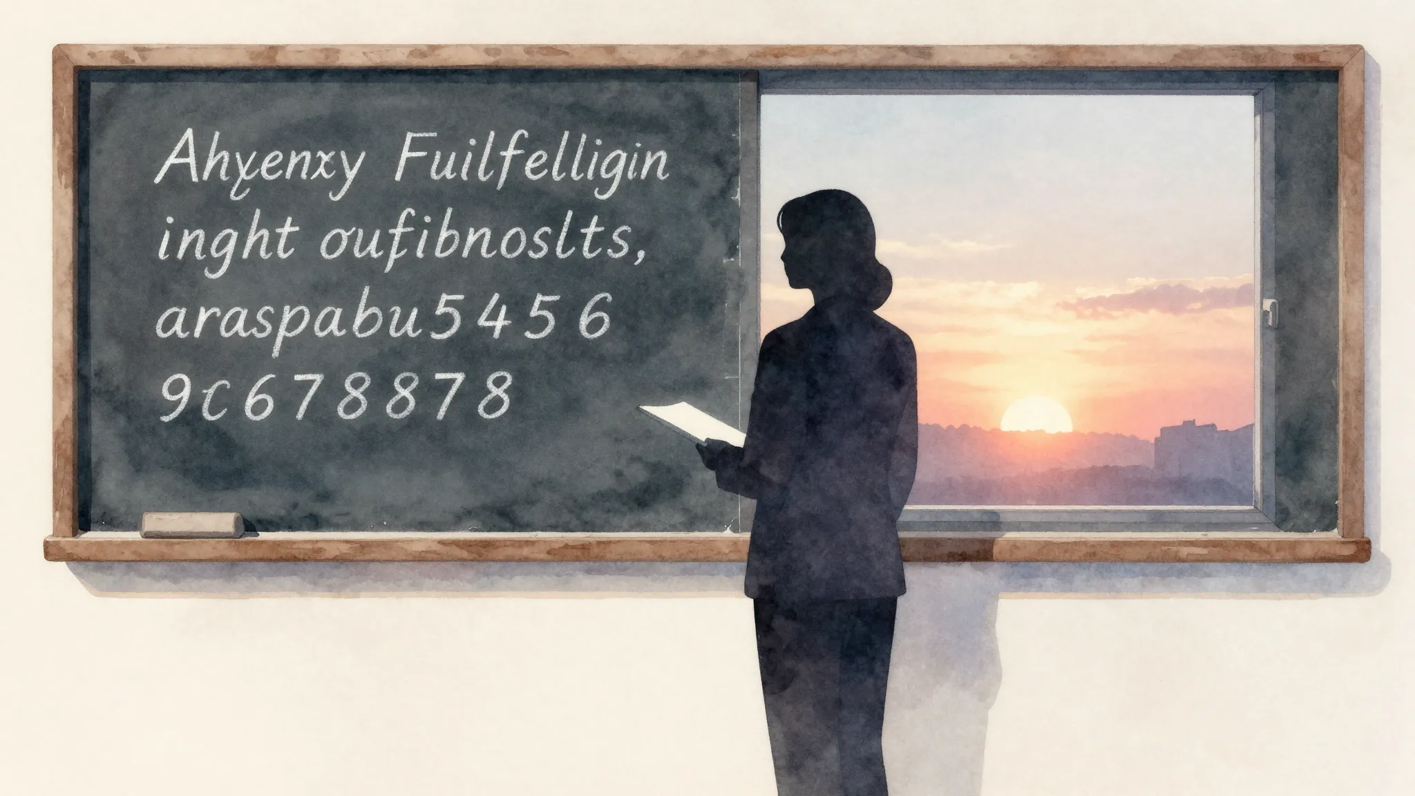 Watercolor style. A silhouette of a teacher standing by a ch...