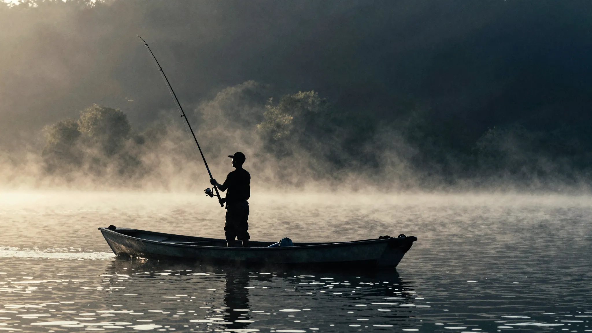 Watercolor style. Silhouette of a fisherman on a boat at daw...