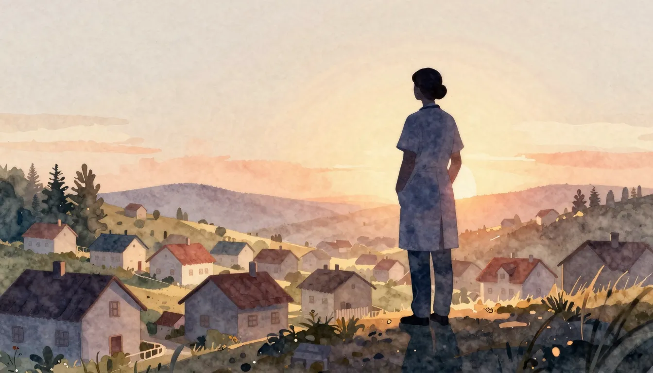 Watercolor style. A silhouette of a healthcare worker in a l...