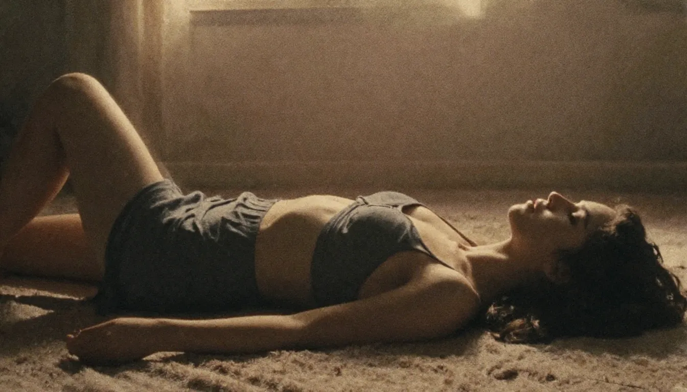 Watercolor style. Retro film style, silhouette of a woman ly...