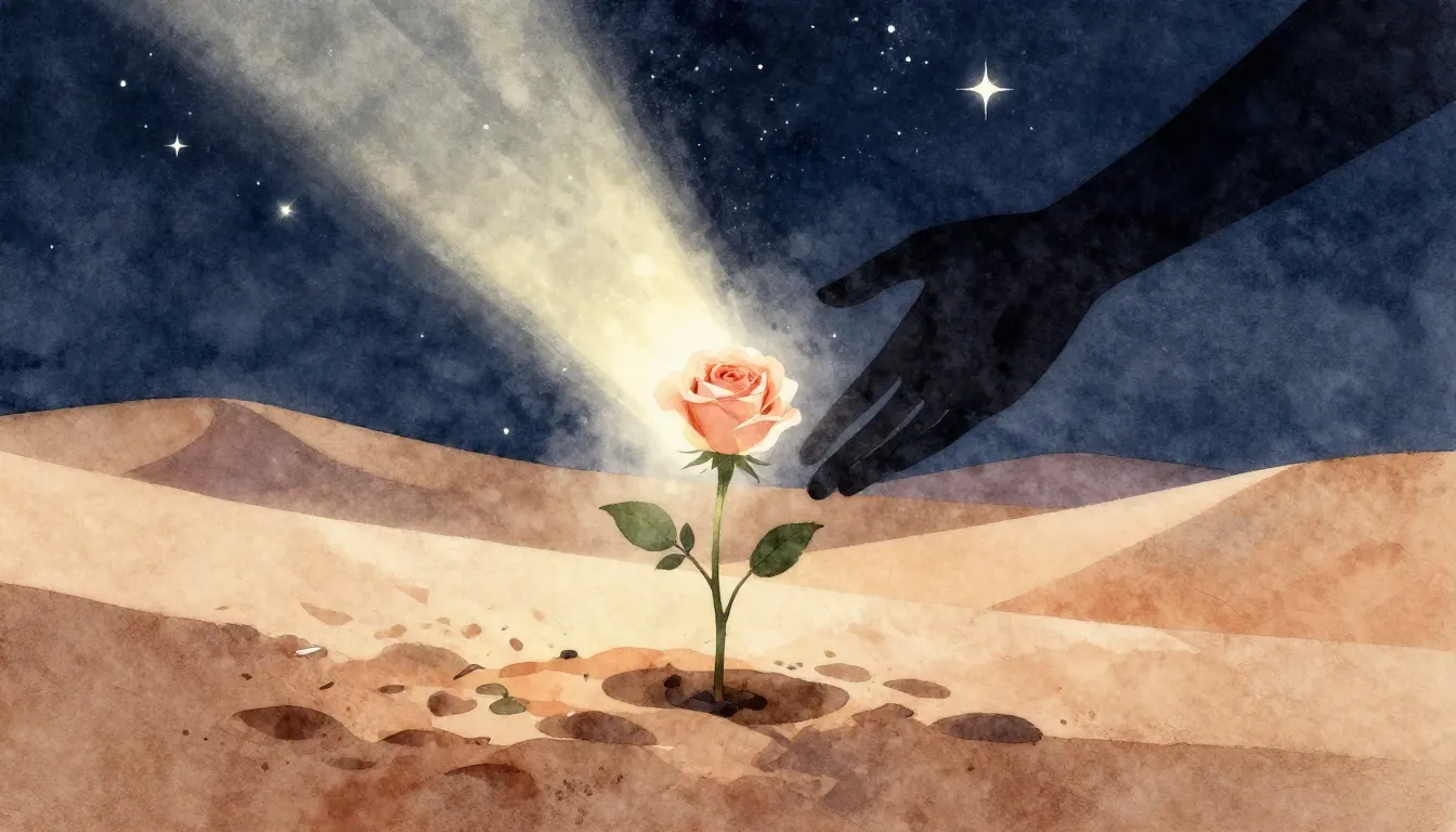 Watercolor style. A single delicate rose growing in a desert...