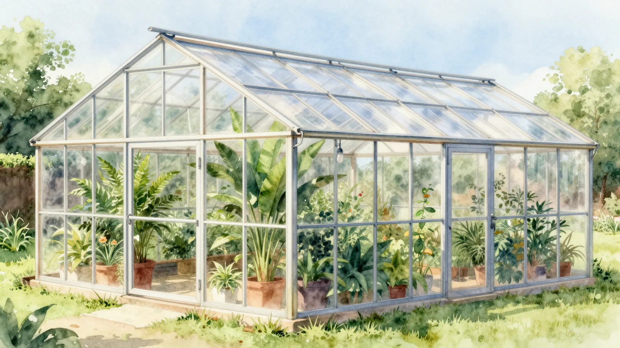 Watercolor style. A modern arched greenhouse made of transpa...