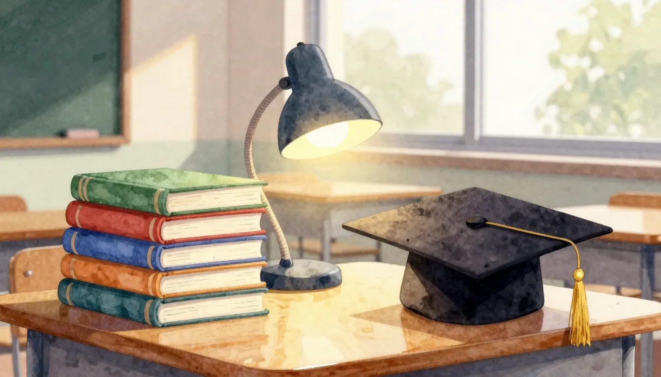 Watercolor style. A cozy classroom scene with a stack of col...