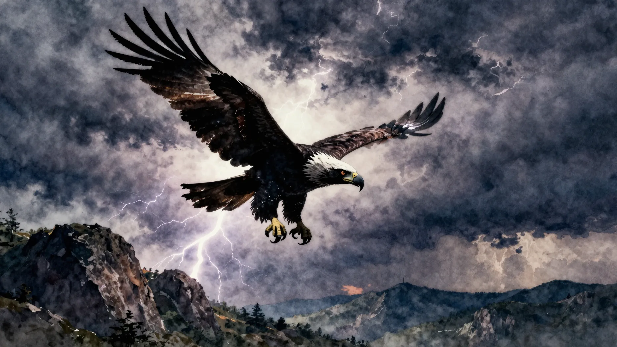 Watercolor style. A powerful silhouette of an eagle diving f...