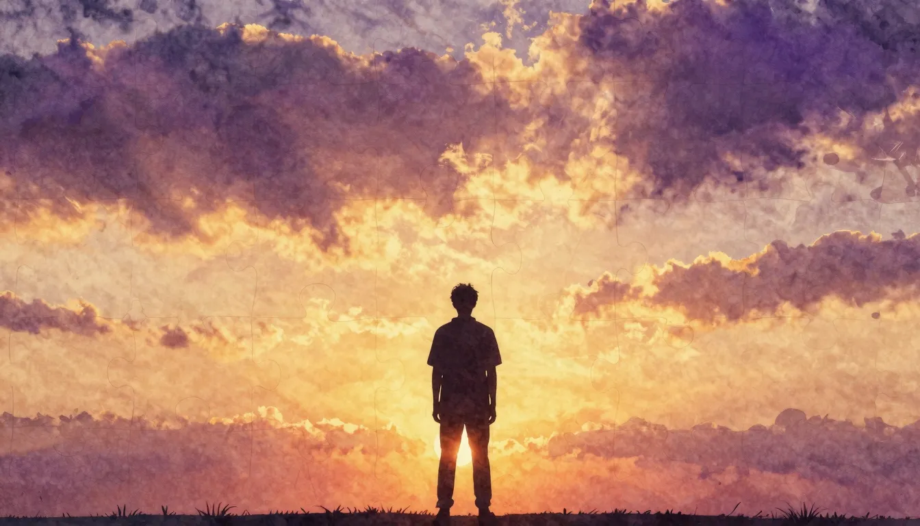 Watercolor style. A silhouette of a person standing against ...