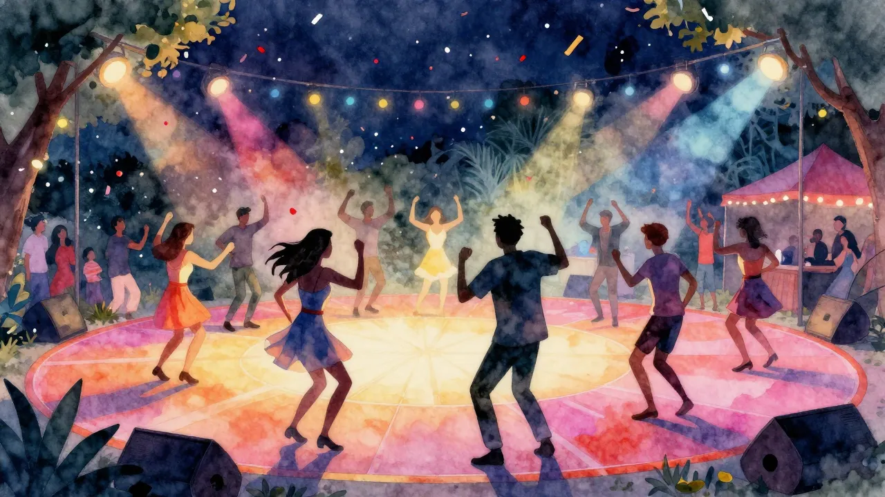 Watercolor style. A vibrant dance floor in a park setting, g...