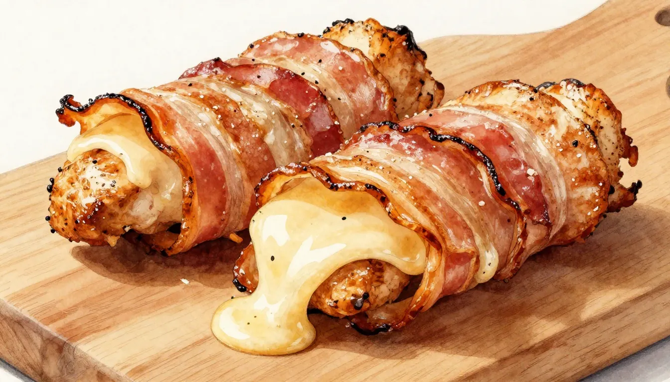 Watercolor style. Close-up of crispy bacon-wrapped chicken r...