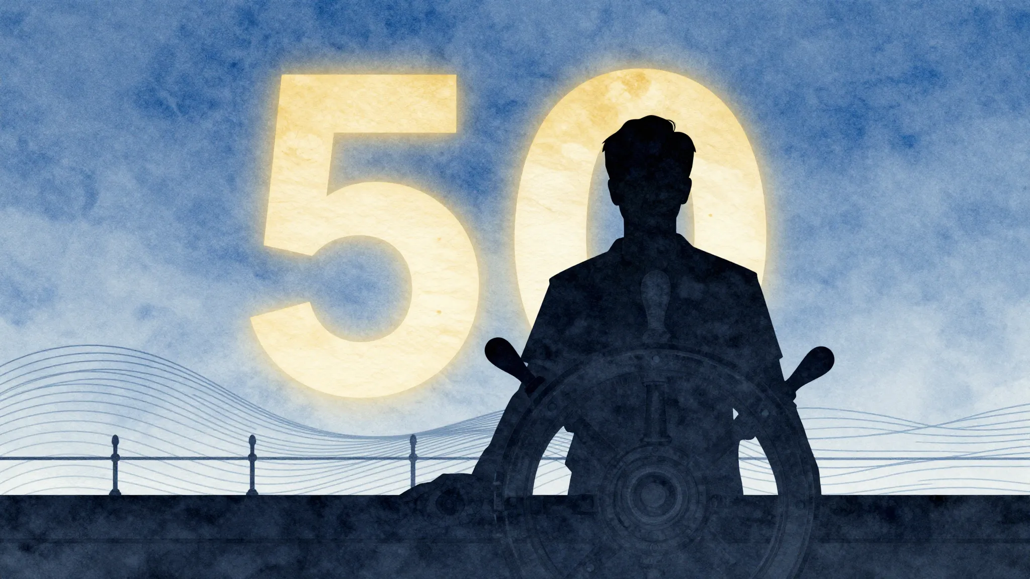 Watercolor style. A dark silhouette of a man at a ship's hel...