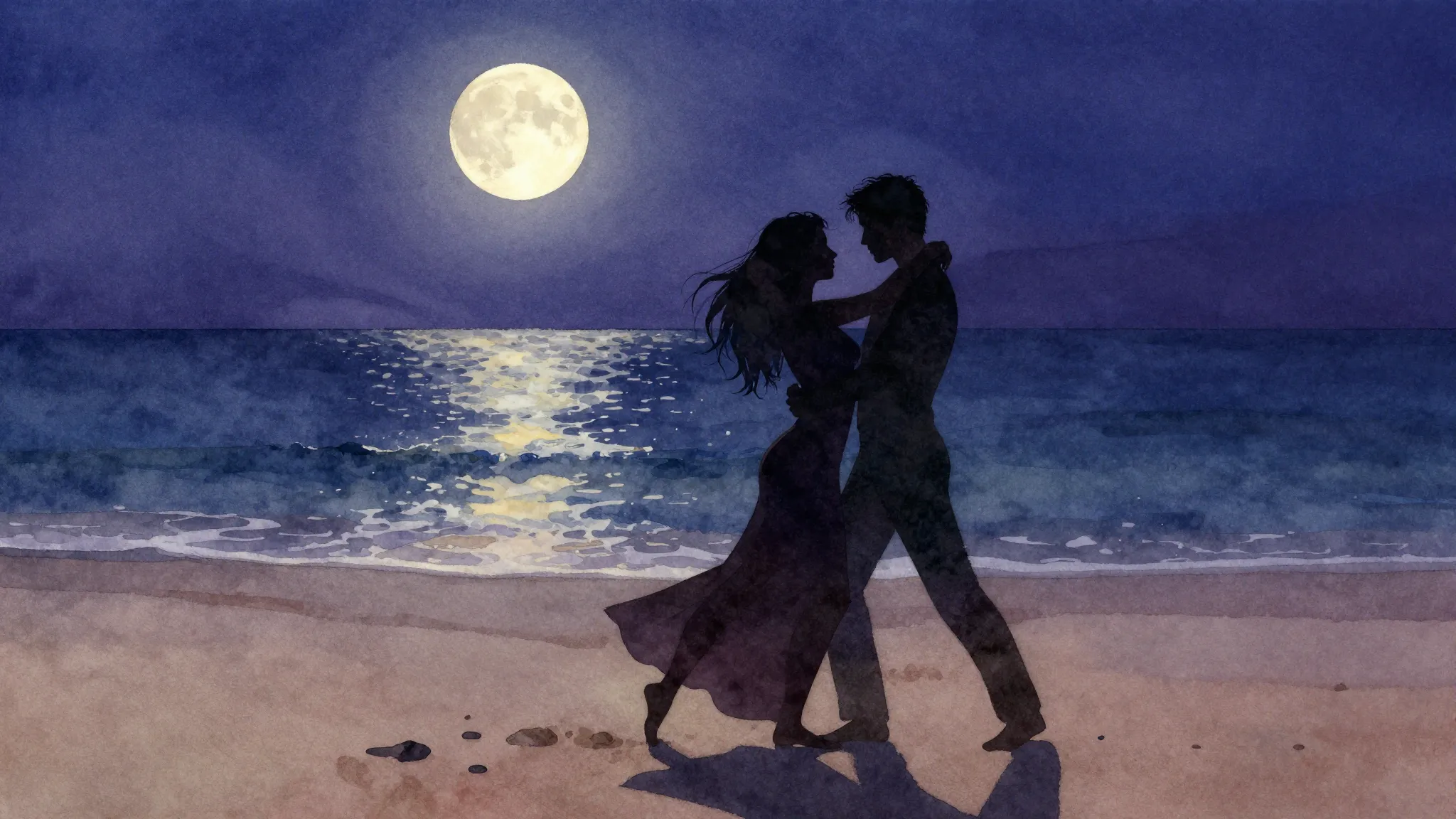 Vibrant watercolor style. Rock album cover. Night, full moon...