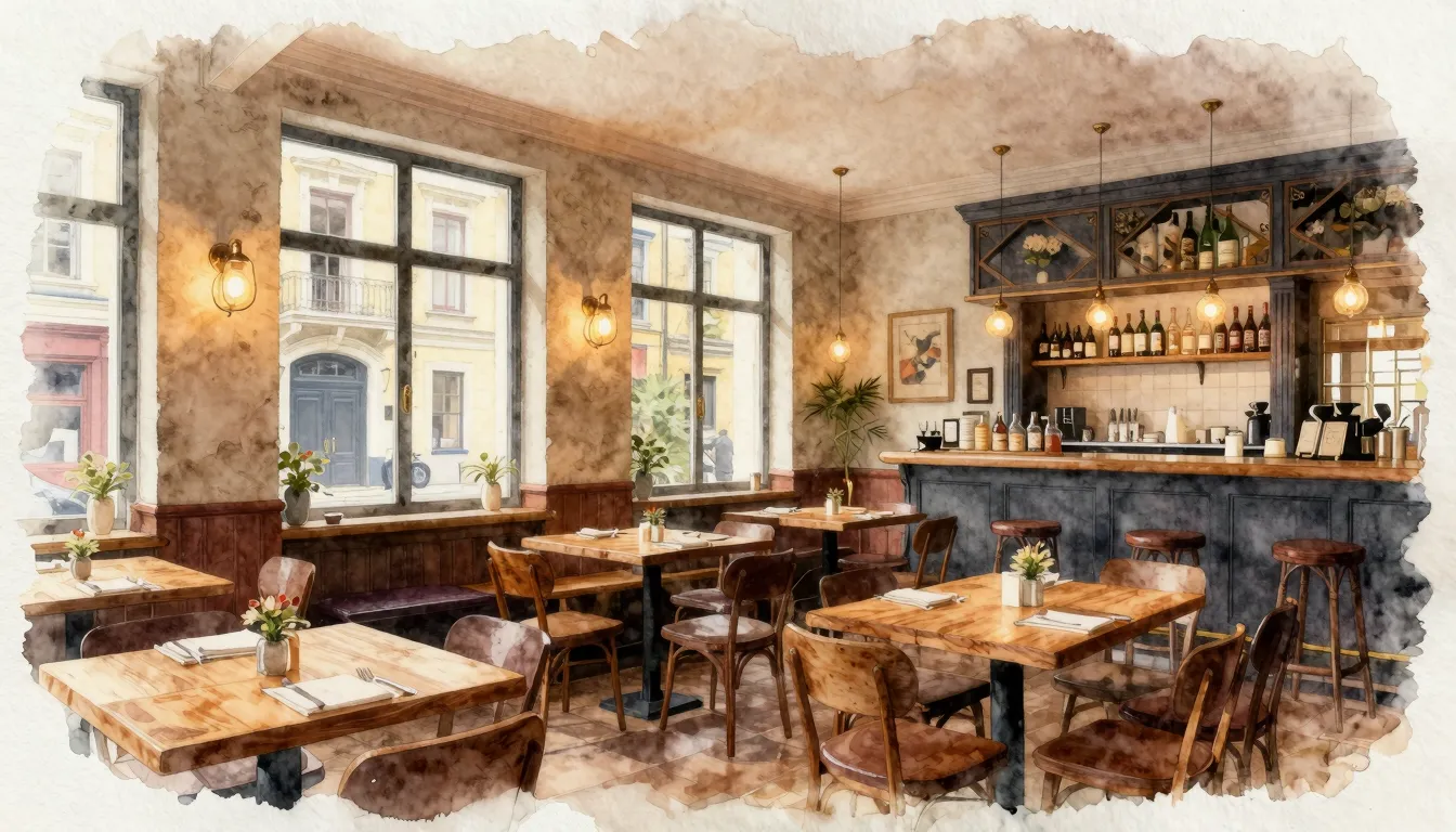 Watercolor style. A cozy, fully equipped restaurant interior...
