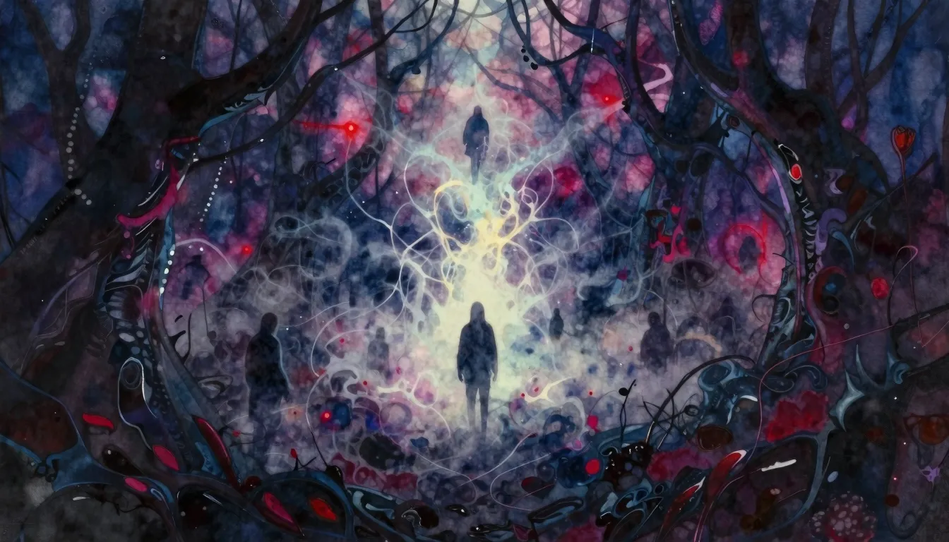 Vibrant watercolor style. Metalcore album cover: dark, eerie...